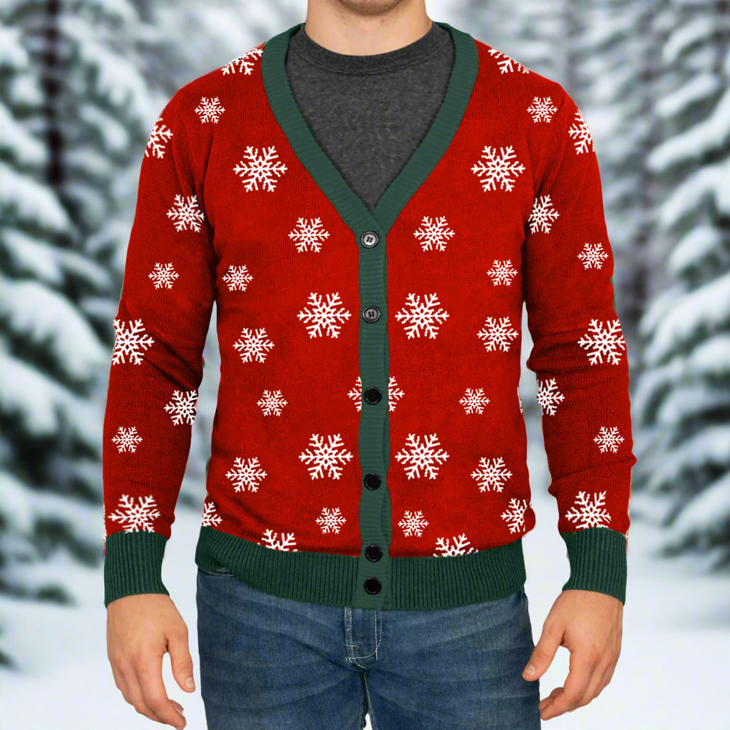 Men s Christmas Snowflake Knitted Cardigan Green Trim