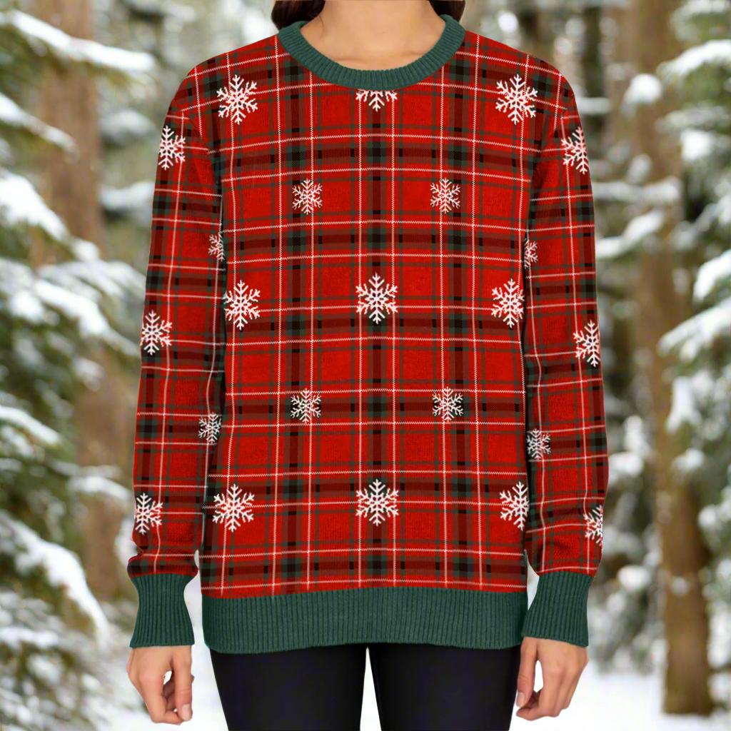 Women s Christmas Tartan Knitted Sweater Green Trim