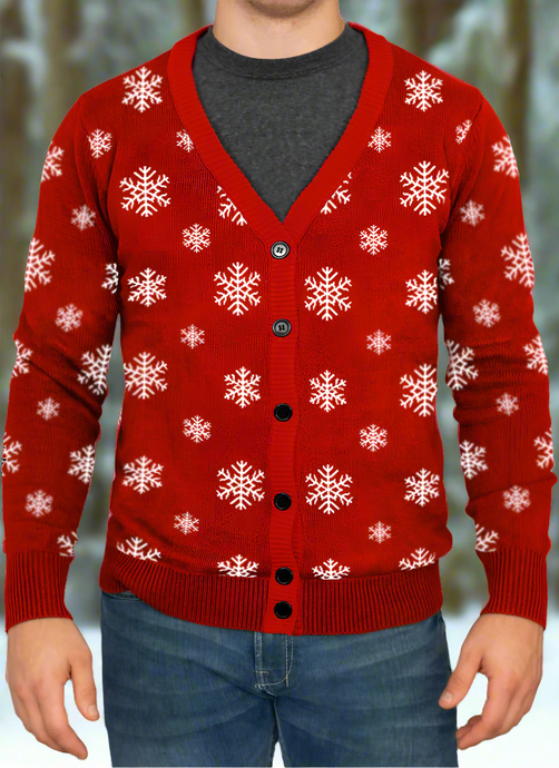 Love to Sing Christmas Knitted Cardigan with Snowflakes Red Trim 